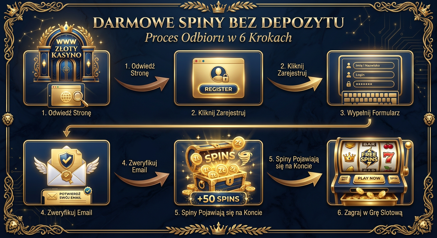 Infografika - jak odebrać darmowe spiny bez depozytu w Verde Casino krok po kroku